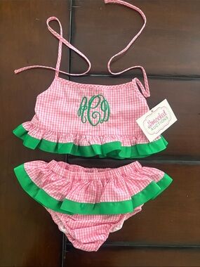 Girls smocked “ACD” Pink Gingham Ruffle Two-Piece Swim Set with Green Trim